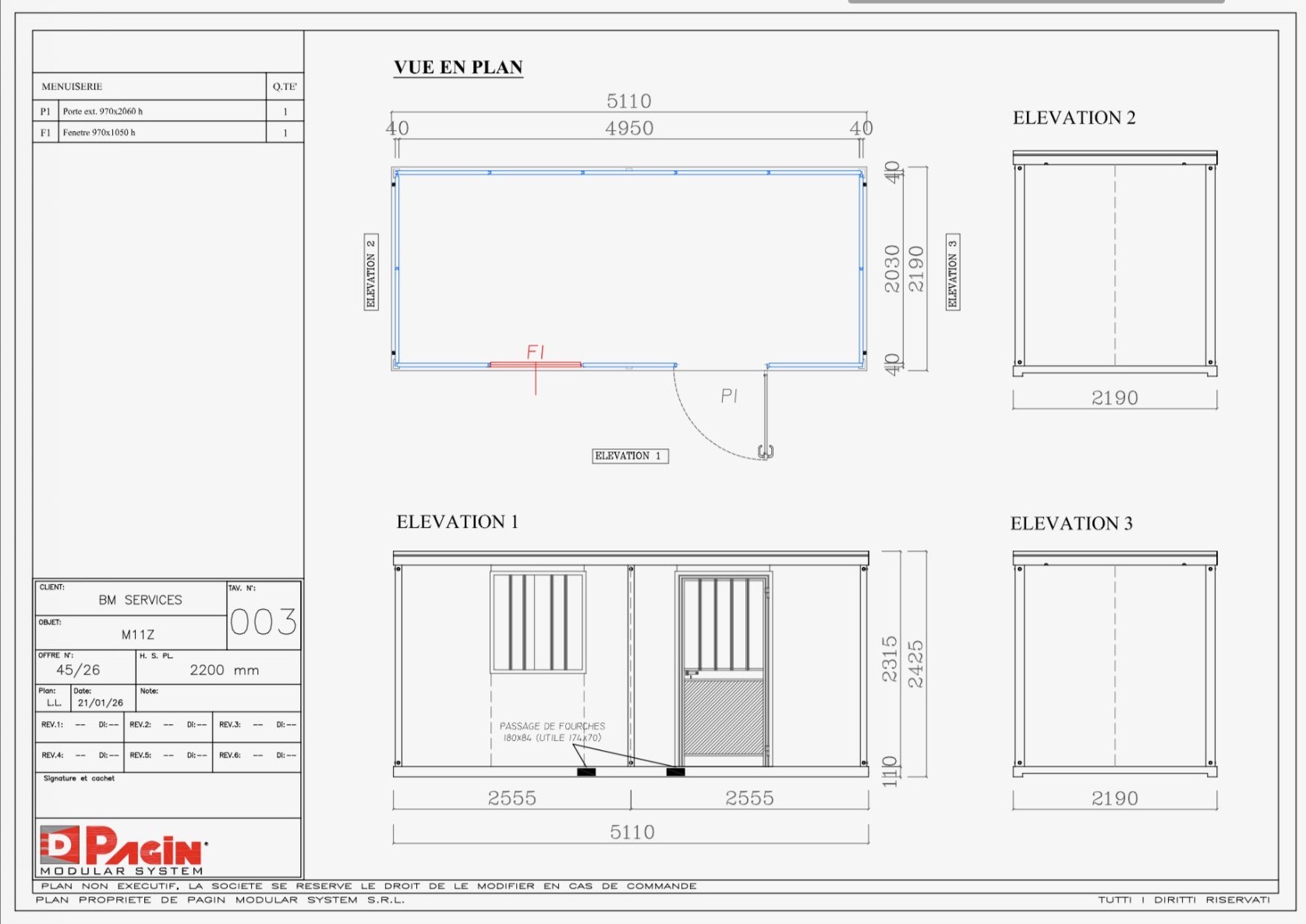 Plan et dimensions Bungalow 5M